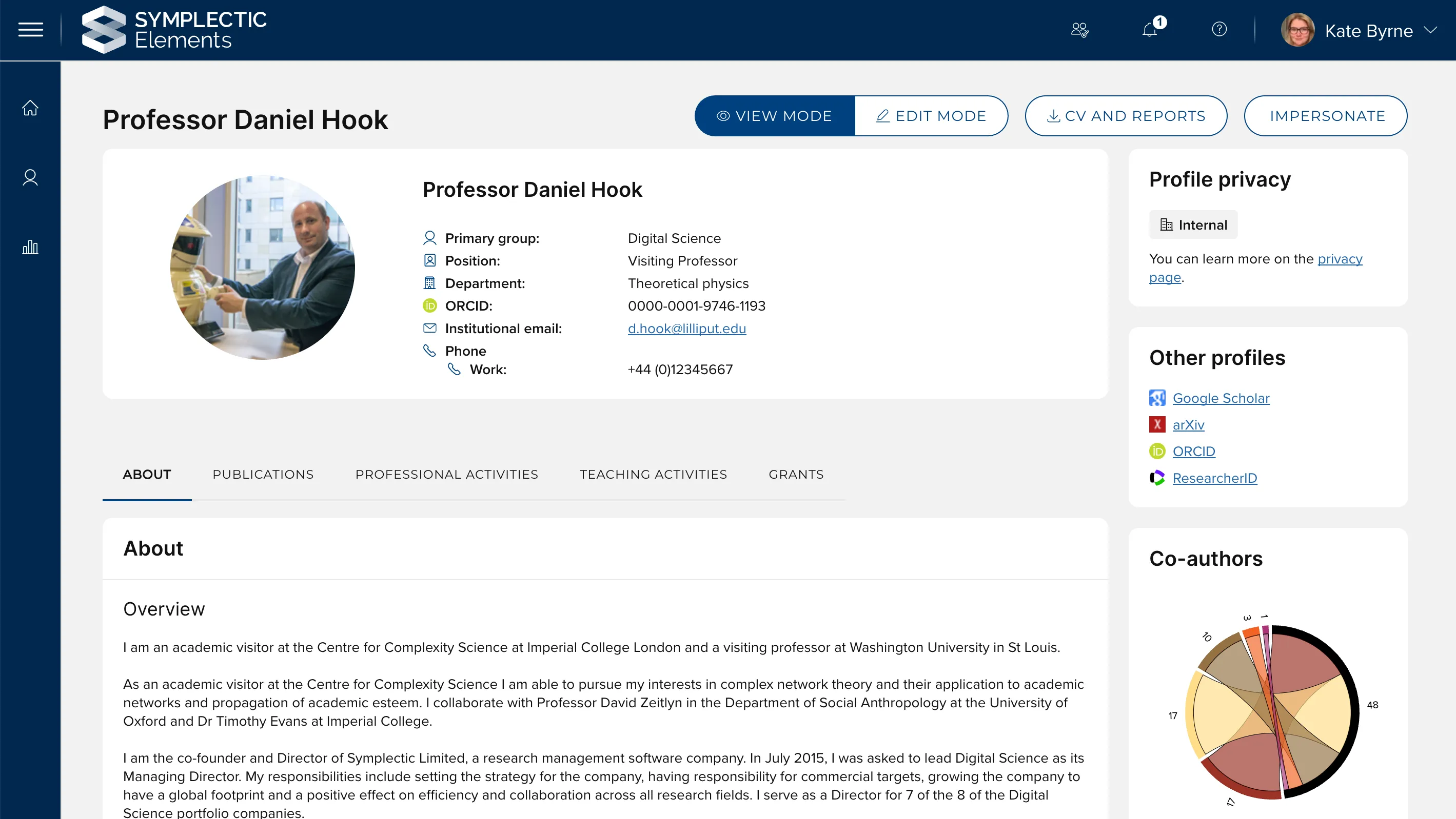 A screenshot of the Symplectic Research Information Management System